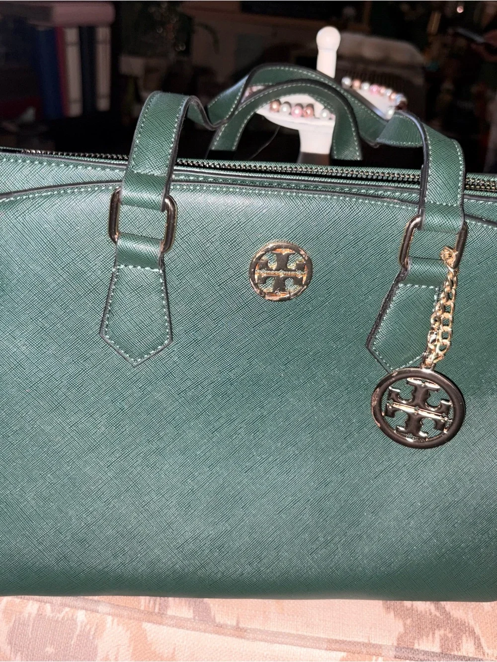 Tory Burch Emerald Green Saffiano Leather Satchel with Logo Charm